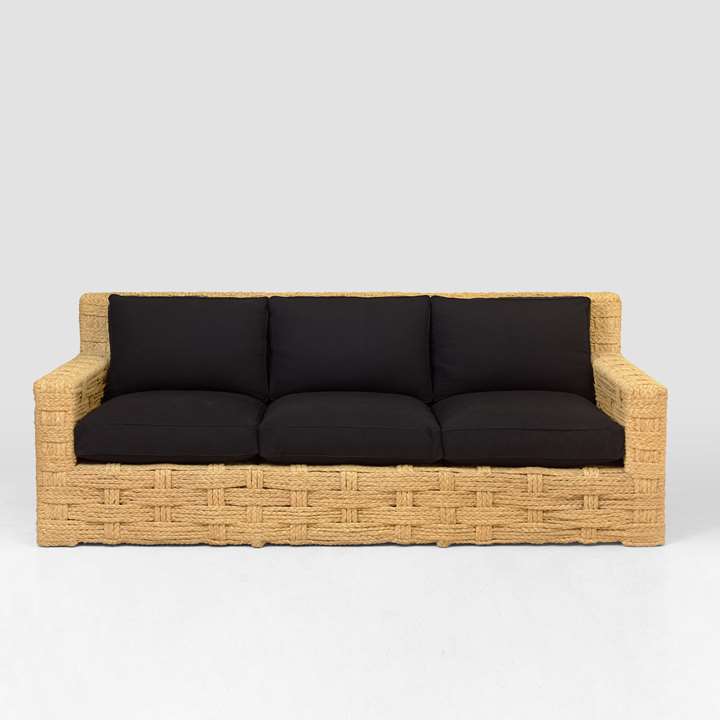 Rare three seats sofa, wooden structure trimmed with braided raffia